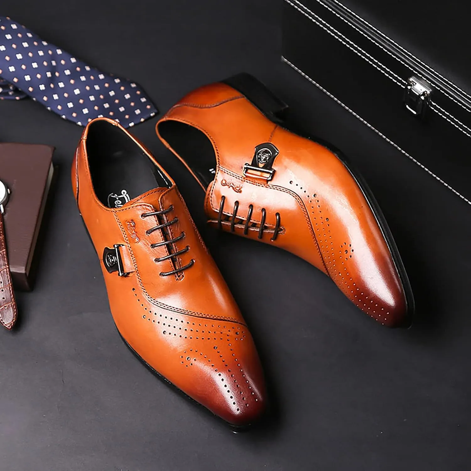 Mens Pointed Toe Brogues Casual Dress Shoes Wedding Formal Lace-Up Oxfords Cowhide Wingtip Derbys,Brown-40