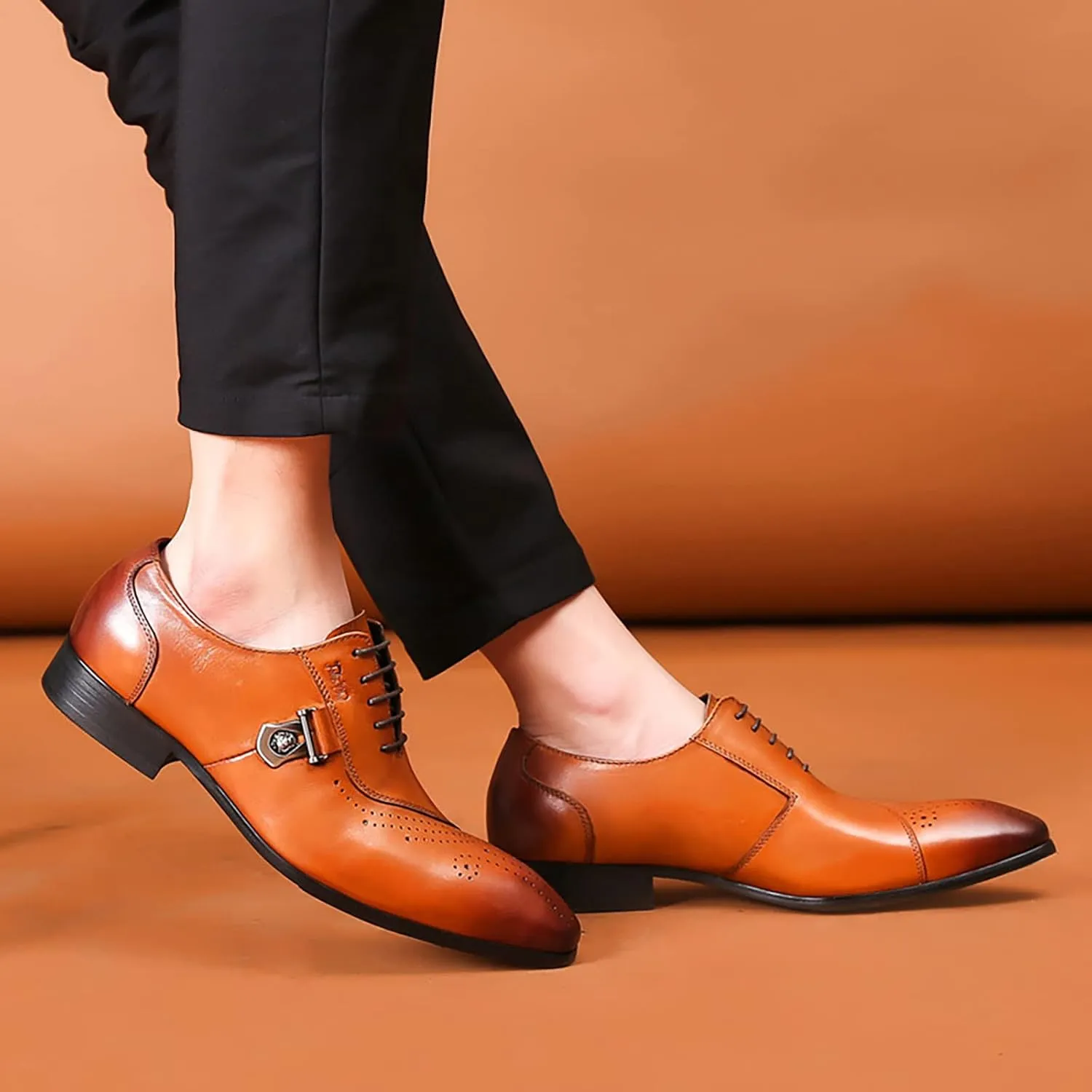 Mens Pointed Toe Brogues Casual Dress Shoes Wedding Formal Lace-Up Oxfords Cowhide Wingtip Derbys,Brown-40