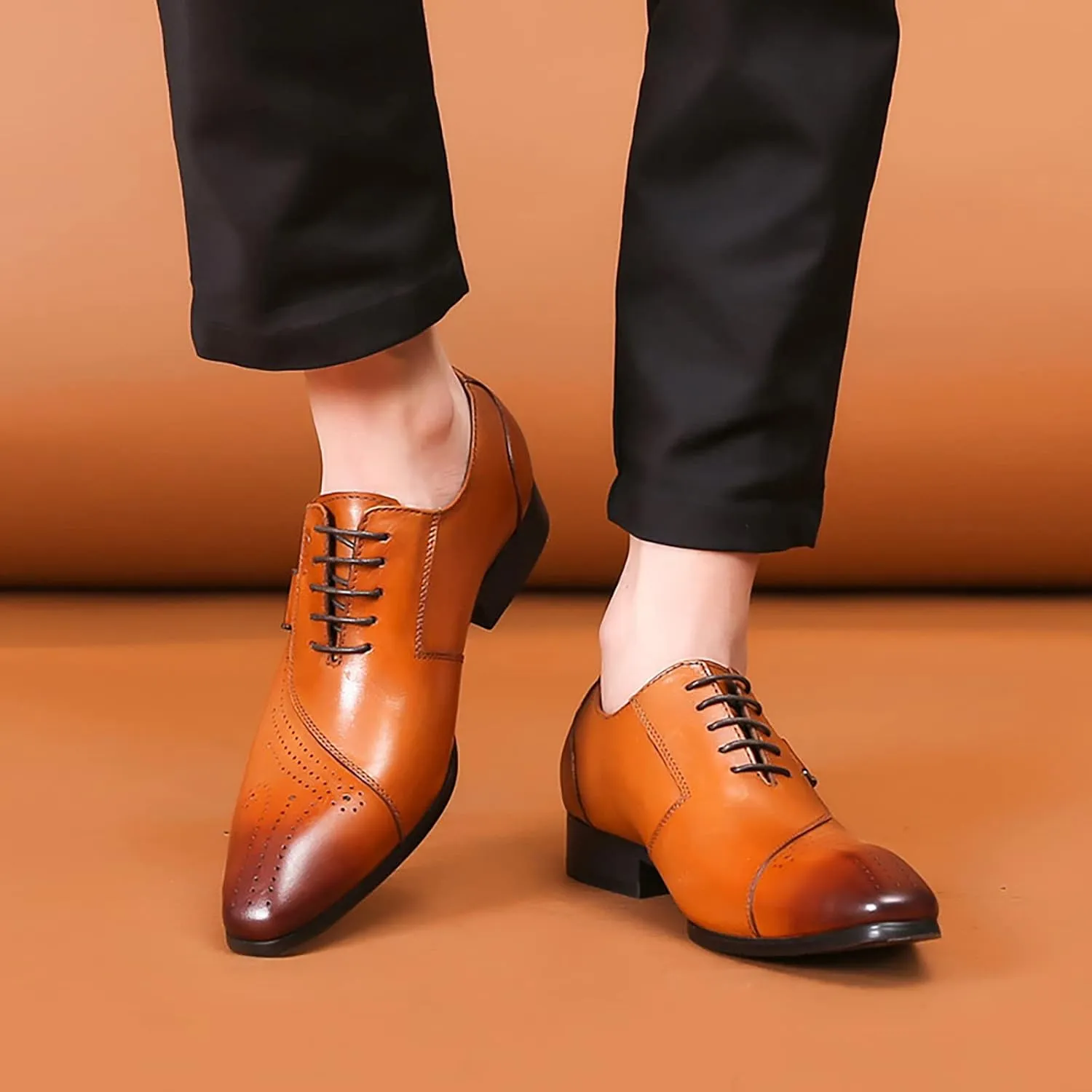 Mens Pointed Toe Brogues Casual Dress Shoes Wedding Formal Lace-Up Oxfords Cowhide Wingtip Derbys,Brown-40