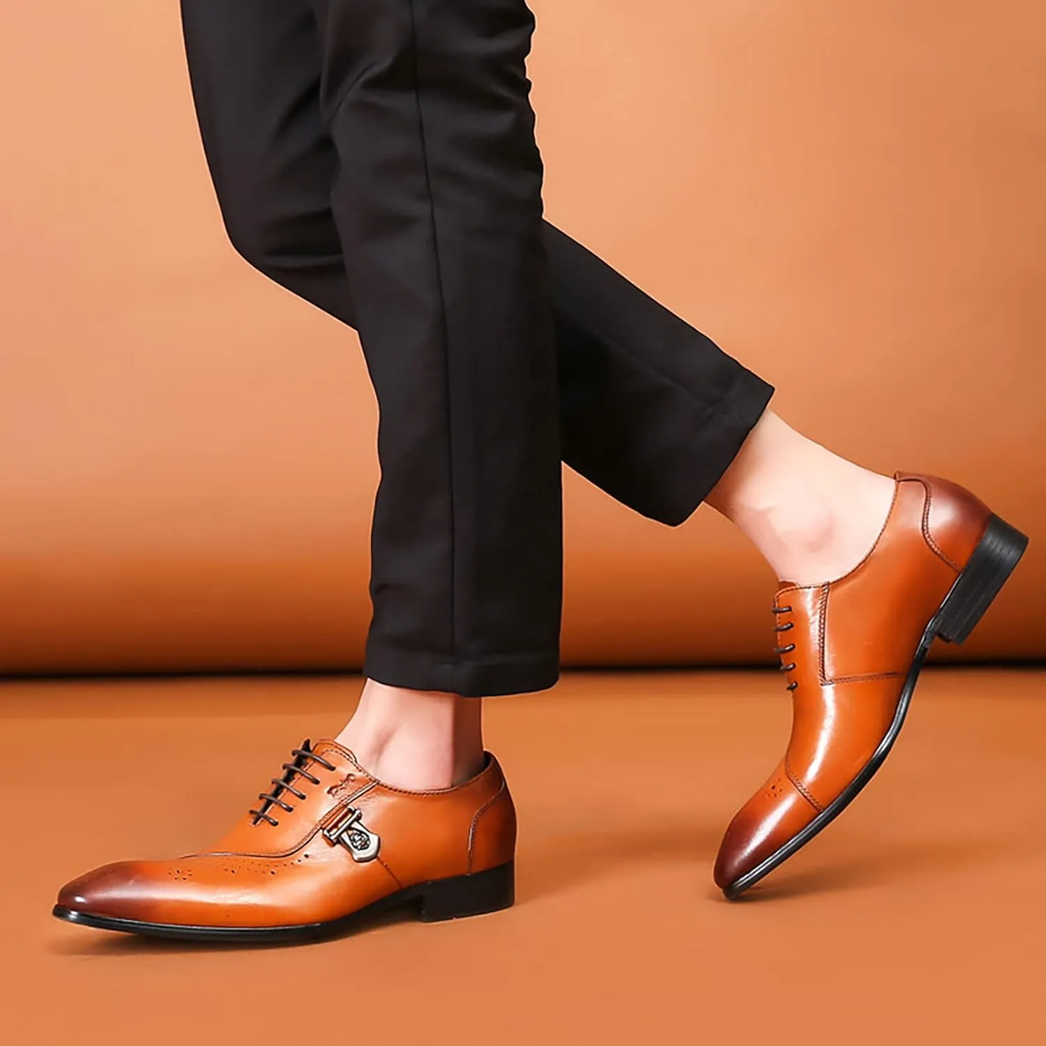 Mens Pointed Toe Brogues Casual Dress Shoes Wedding Formal Lace-Up Oxfords Cowhide Wingtip Derbys,Brown-40