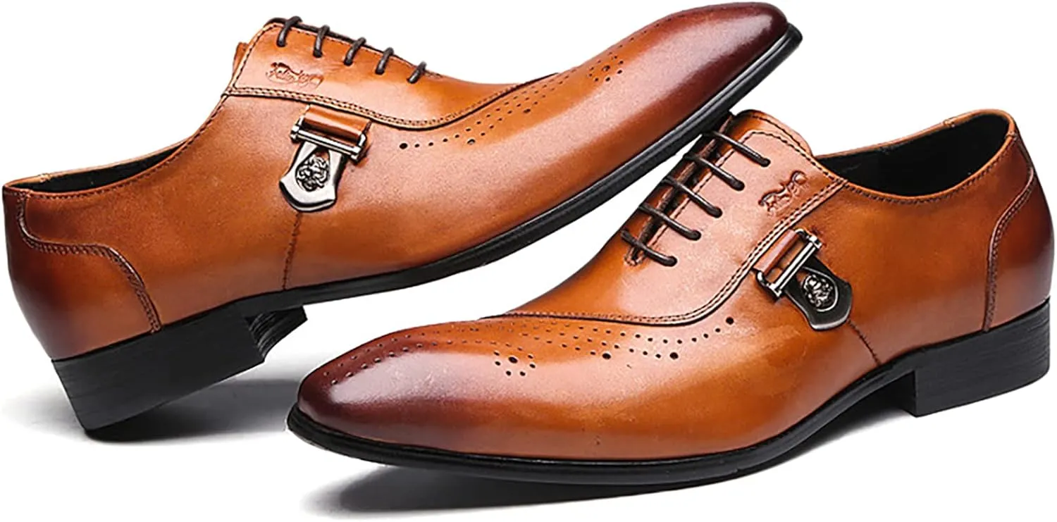Mens Pointed Toe Brogues Casual Dress Shoes Wedding Formal Lace-Up Oxfords Cowhide Wingtip Derbys,Brown-40