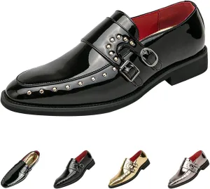 Men's Pointed-Toe Tuxedo Dress Oxfords,Fashion Patent Leather Monk Straps Studded Slip-on Casual Business Derby Shoes