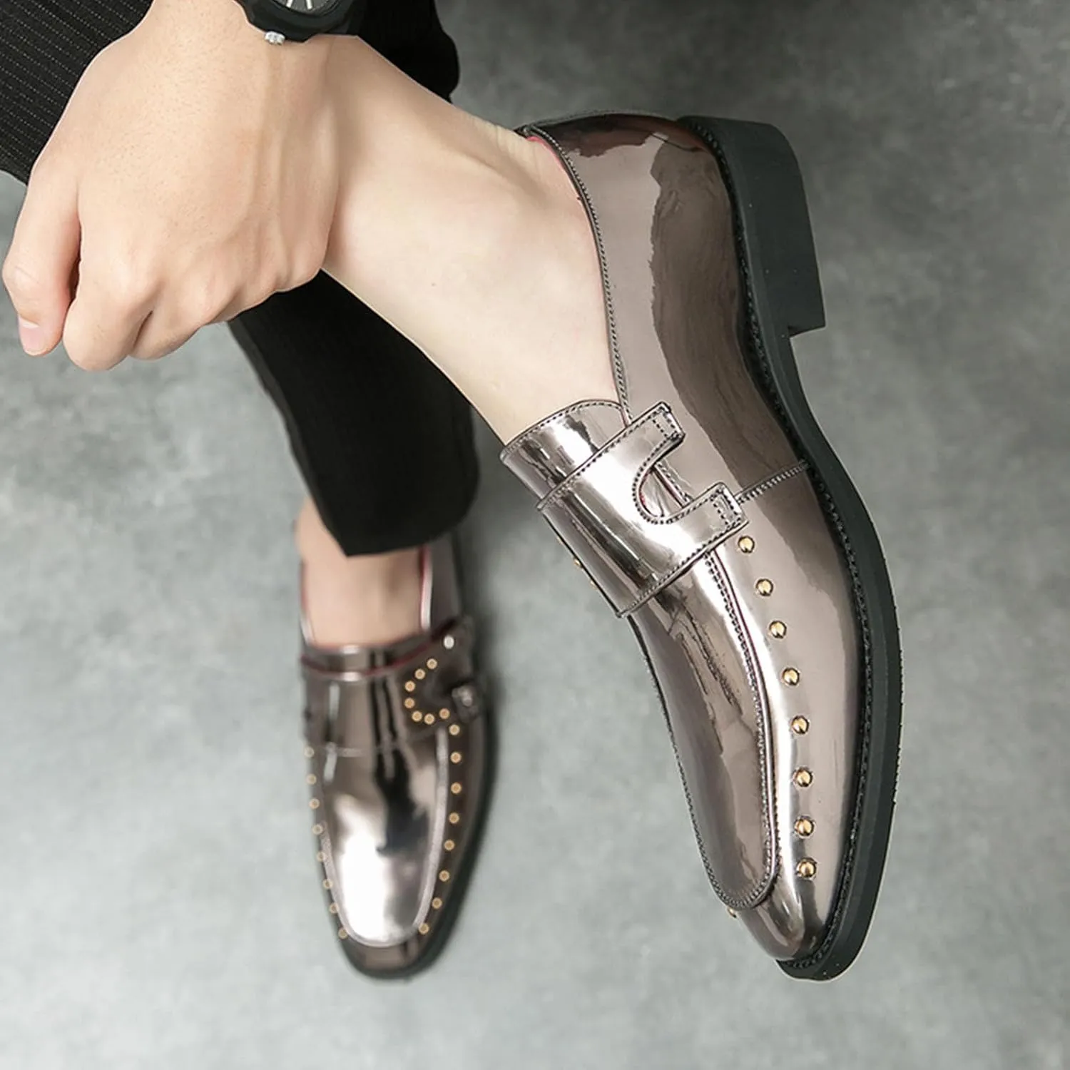 Men's Pointed-Toe Tuxedo Dress Oxfords,Fashion Patent Leather Monk Straps Studded Slip-on Casual Business Derby Shoes