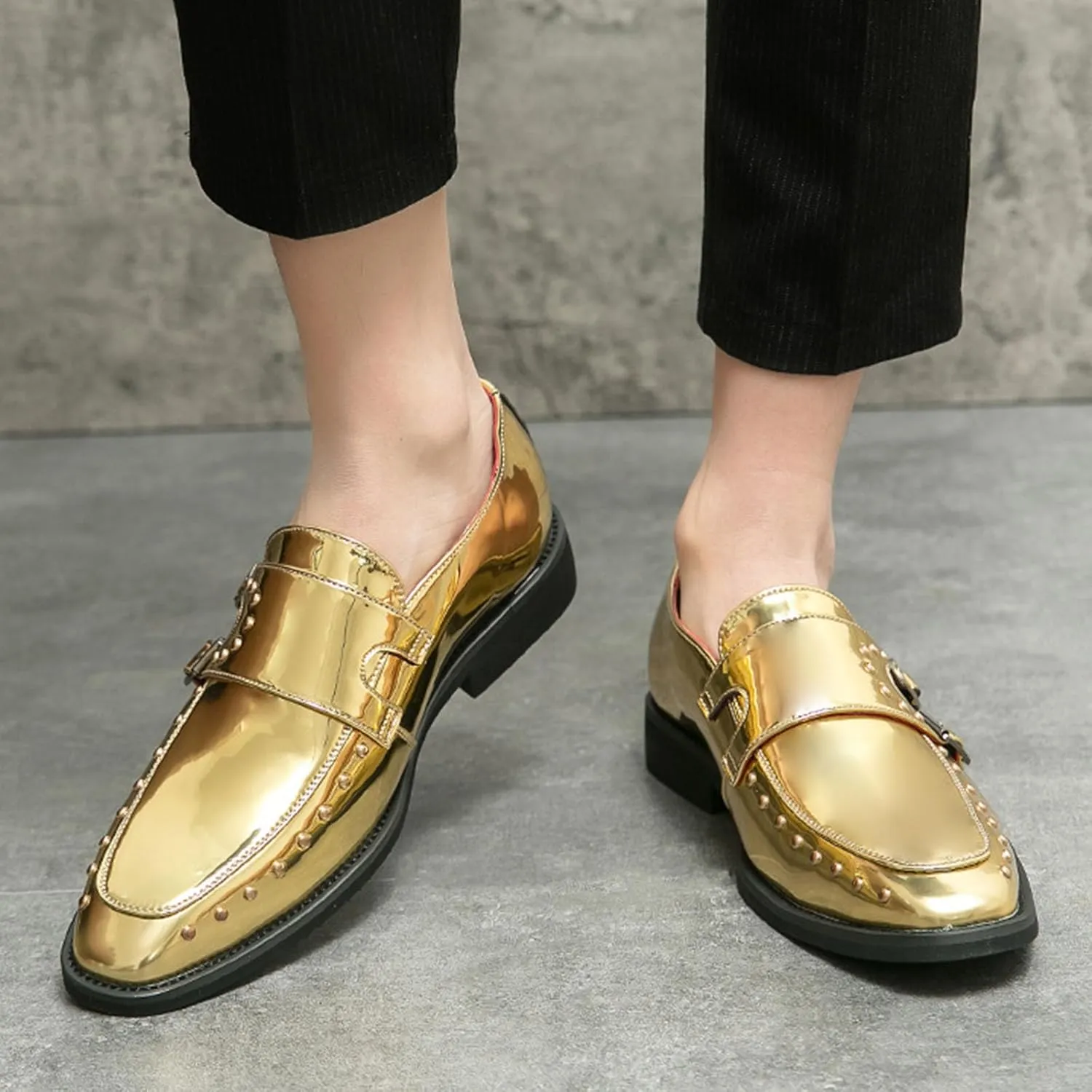 Men's Pointed-Toe Tuxedo Dress Oxfords,Fashion Patent Leather Monk Straps Studded Slip-on Casual Business Derby Shoes