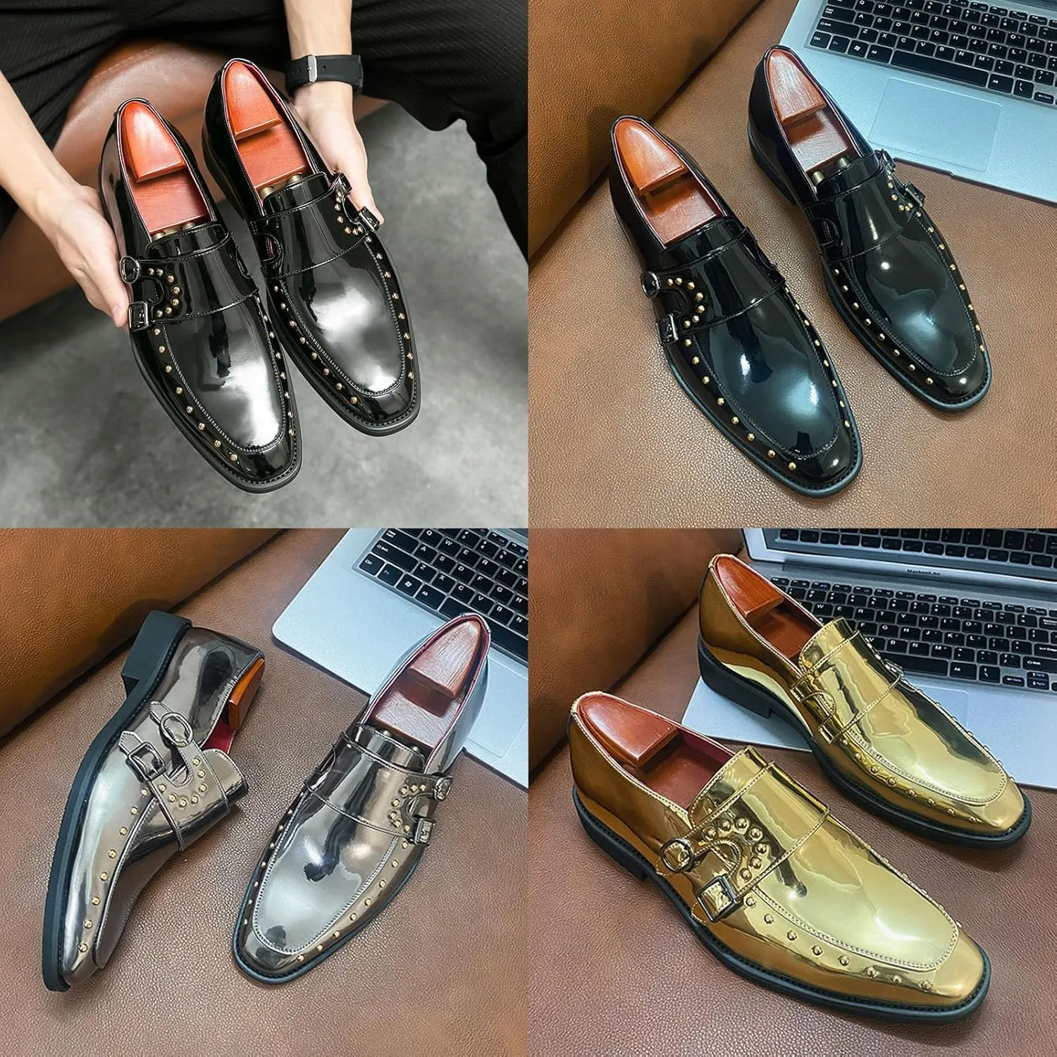 Men's Pointed-Toe Tuxedo Dress Oxfords,Fashion Patent Leather Monk Straps Studded Slip-on Casual Business Derby Shoes