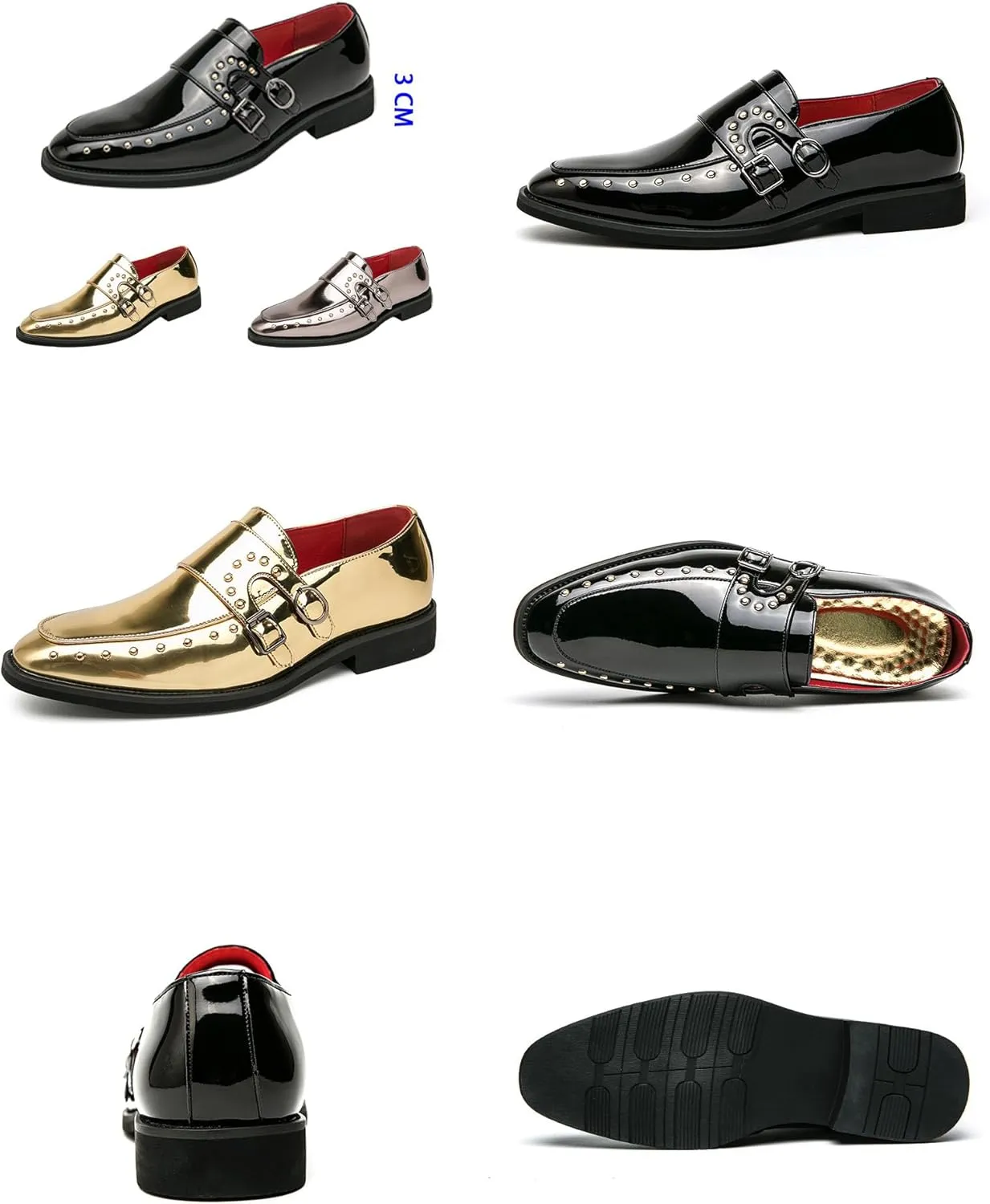Men's Pointed-Toe Tuxedo Dress Oxfords,Fashion Patent Leather Monk Straps Studded Slip-on Casual Business Derby Shoes