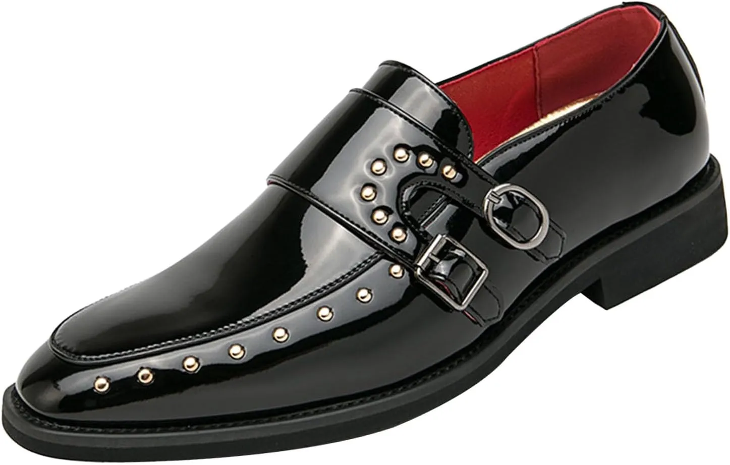 Men's Pointed-Toe Tuxedo Dress Oxfords,Fashion Patent Leather Monk Straps Studded Slip-on Casual Business Derby Shoes