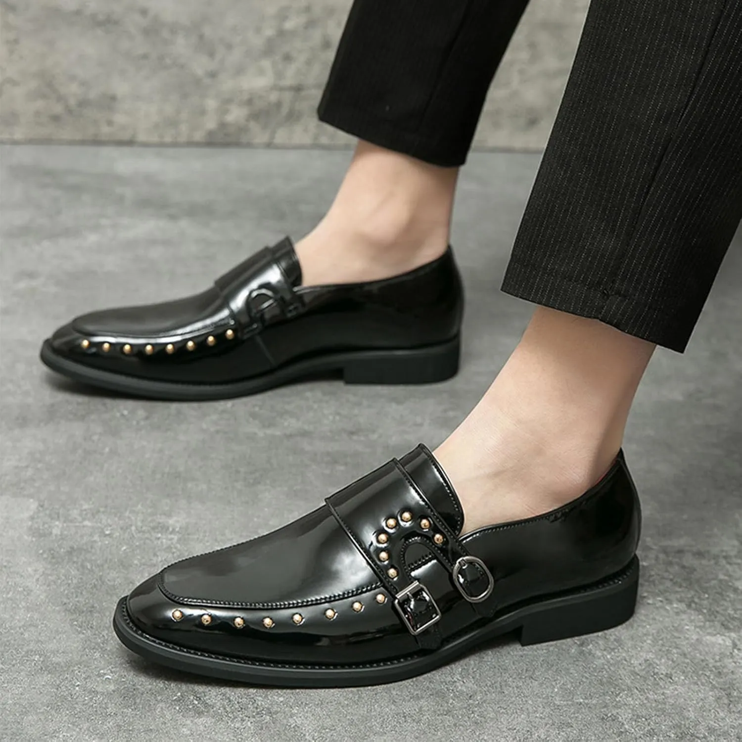 Men's Pointed-Toe Tuxedo Dress Oxfords,Fashion Patent Leather Monk Straps Studded Slip-on Casual Business Derby Shoes