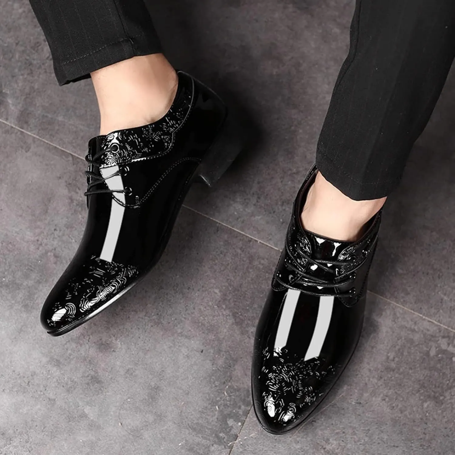 Men's Polishing Patent Leather Chunky Platform Oxford Low Heels Slip On Pointed Toe Derbys Fashion Dress Sneakers Business Casual Derby Shoe