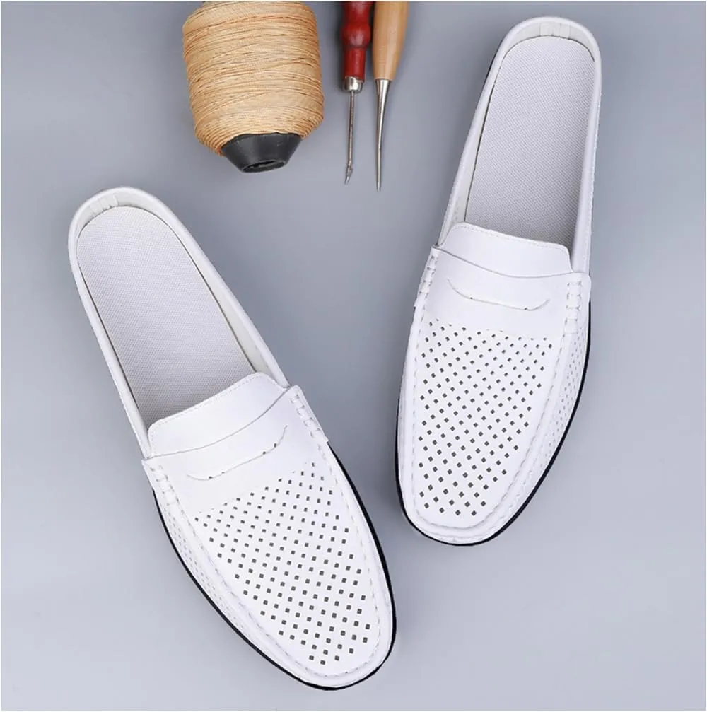 Men's Slippers Summer Breathable Slip-On Loafers Leather Formal Wear Casual Open Back Business Casual Shoes Men's Driving Shoes