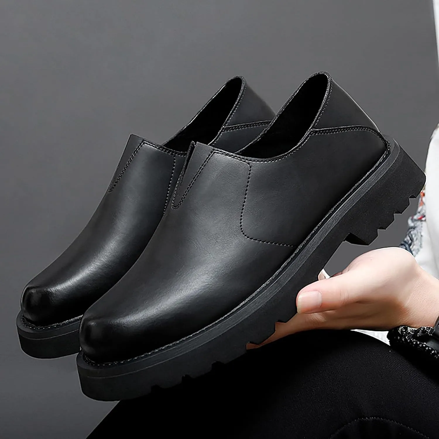 Men's Soft Genuine Leather Platform Loafers Fashion Handmade Round Toe Lightweight Slip-On Business Dress Shoes for Driving Office