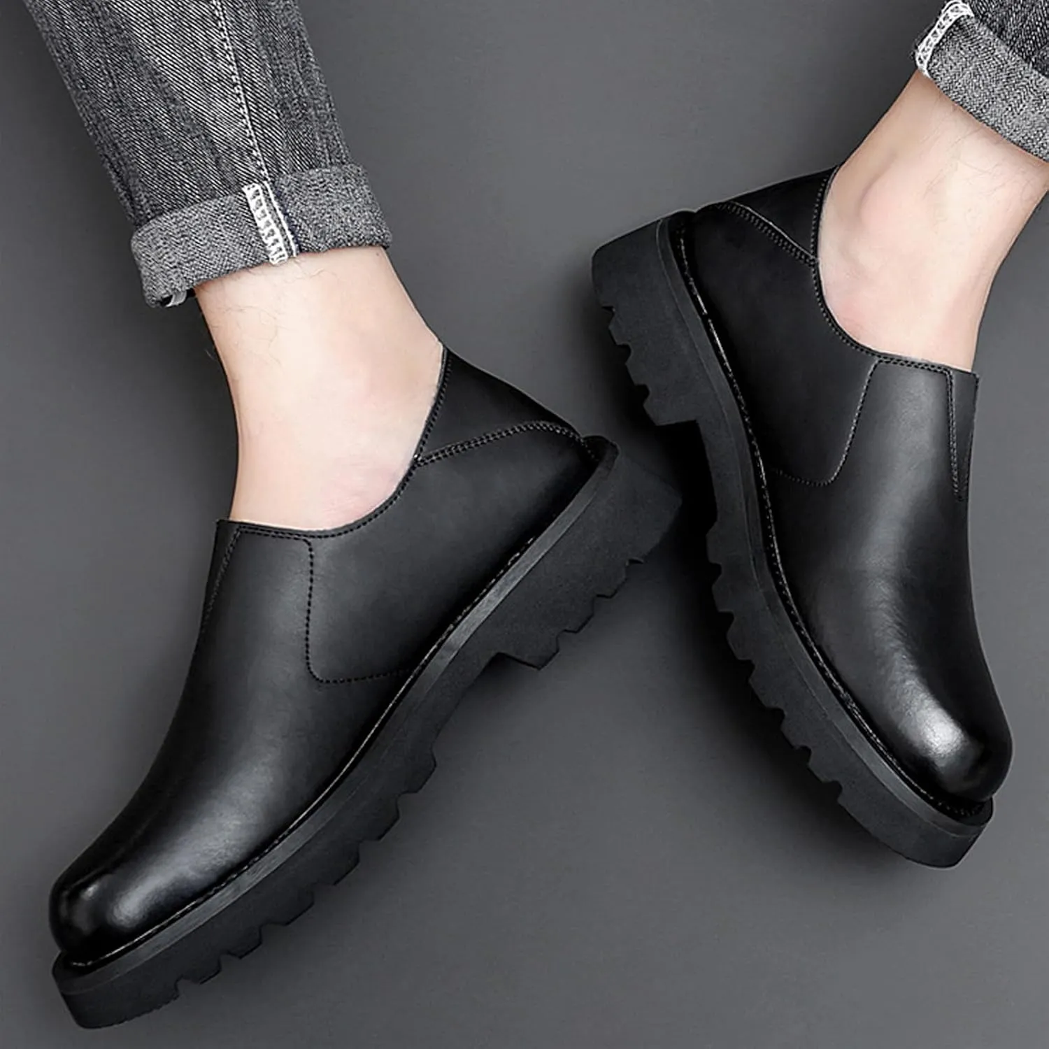 Men's Soft Genuine Leather Platform Loafers Fashion Handmade Round Toe Lightweight Slip-On Business Dress Shoes for Driving Office