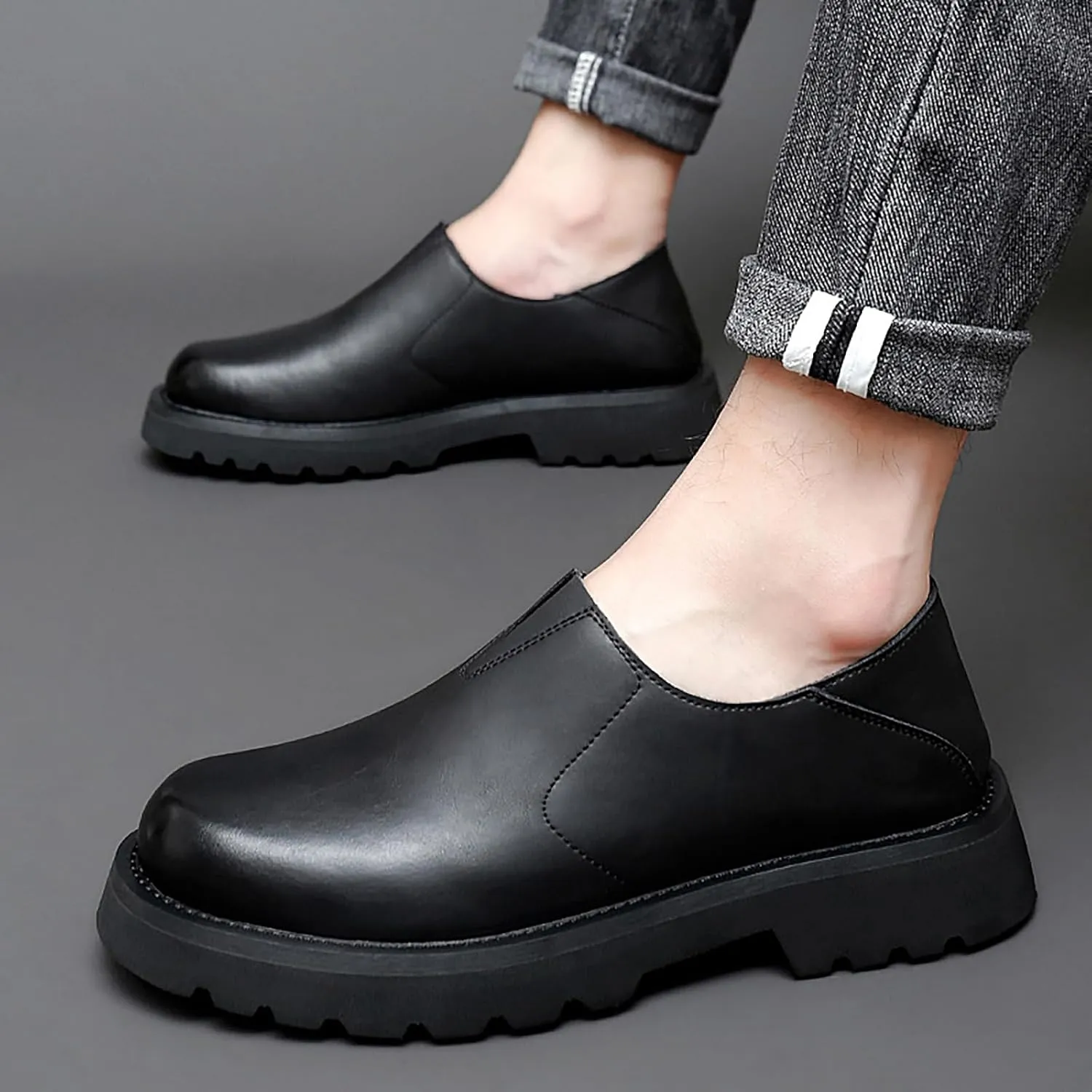 Men's Soft Genuine Leather Platform Loafers Fashion Handmade Round Toe Lightweight Slip-On Business Dress Shoes for Driving Office