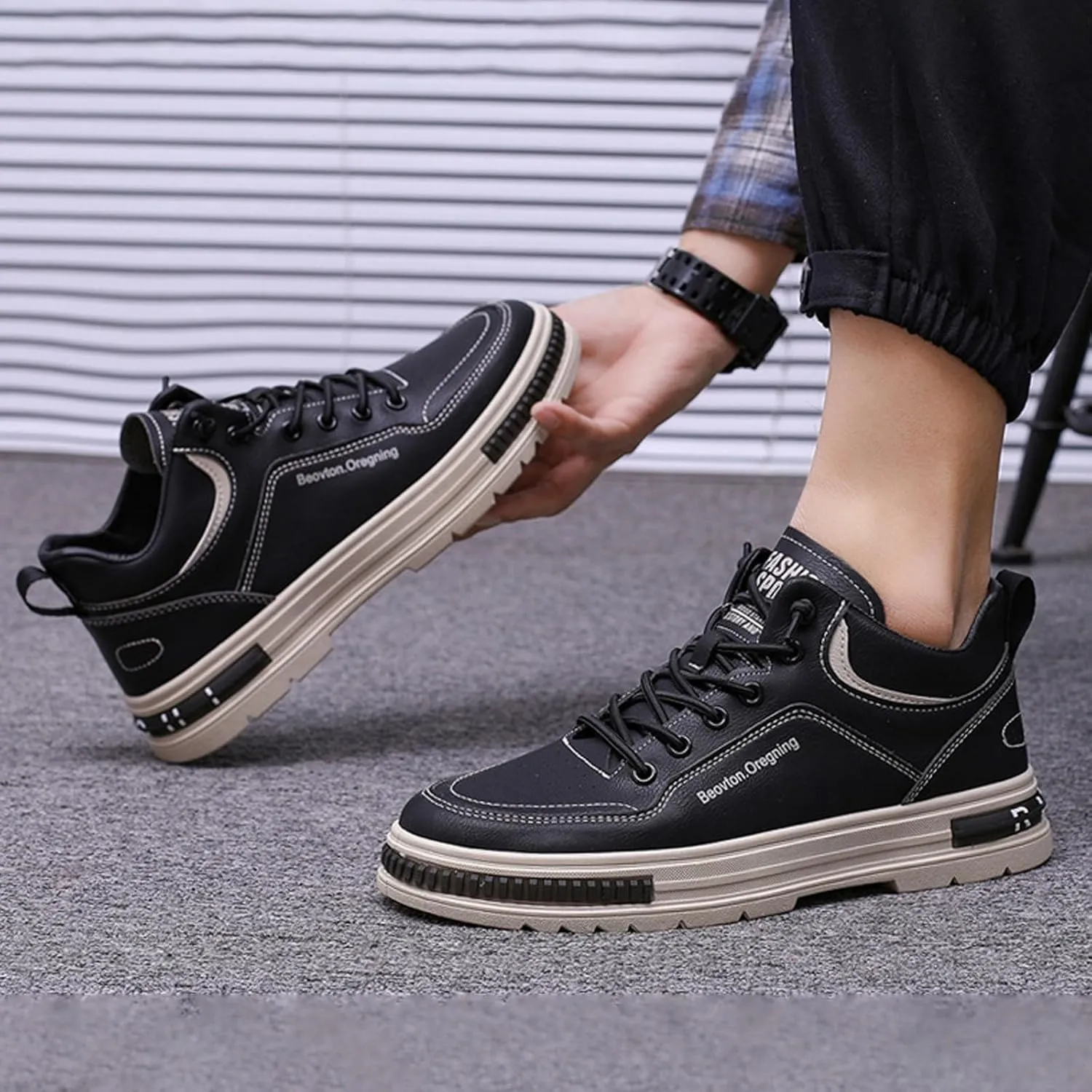 Men's Solid Color Casual Flat Leather Shoes Fashion Lace Up Loafers Sneaker Crease Shield Men Shoes