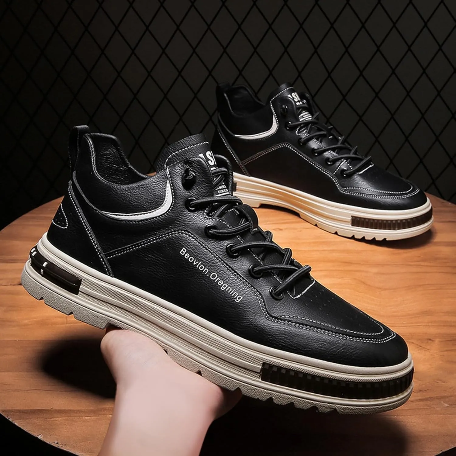 Men's Solid Color Casual Flat Leather Shoes Fashion Lace Up Loafers Sneaker Crease Shield Men Shoes