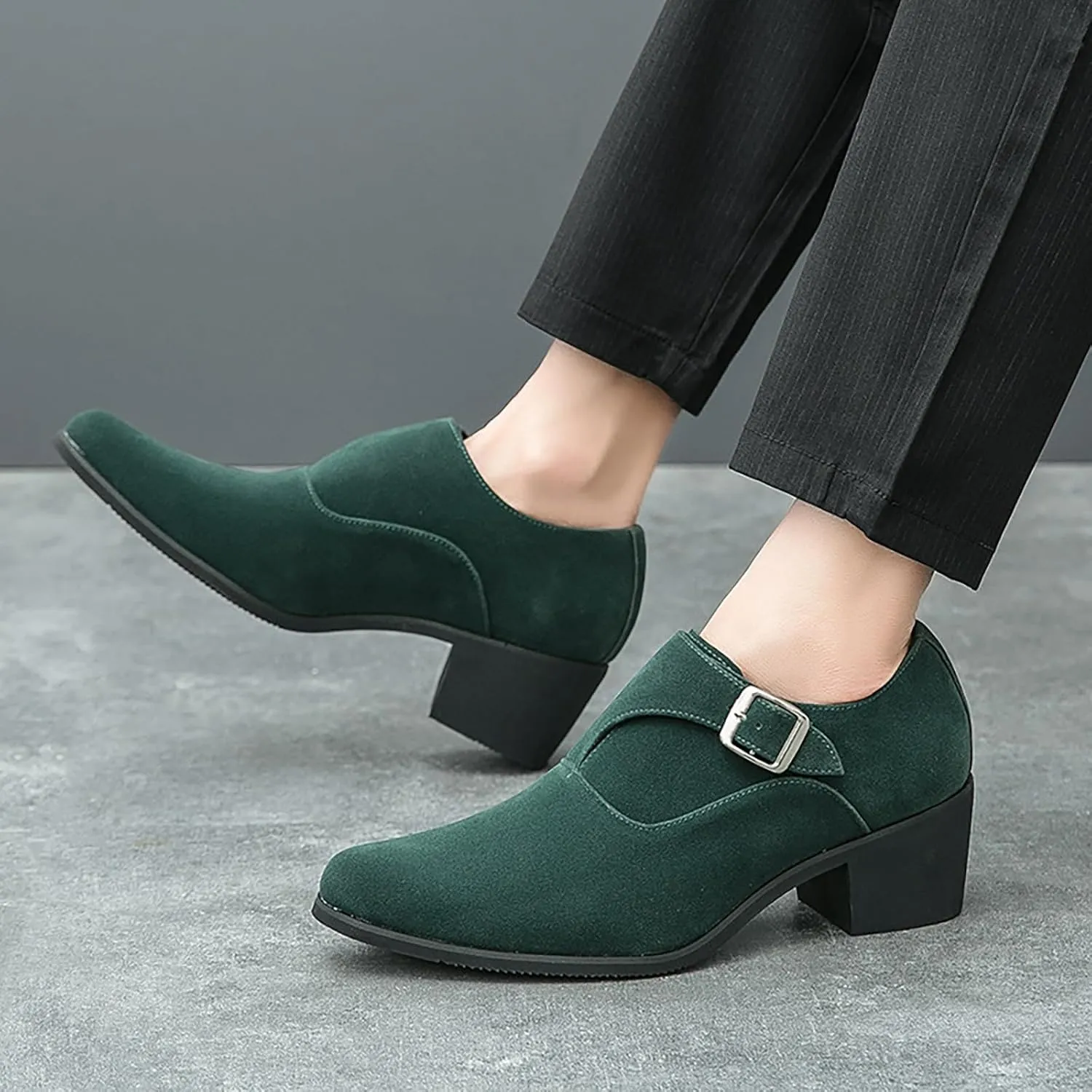 Men's Suede Pointed Toe Chunky Heel Monk Strap Loafers Fashion Classic Slip-On Casual Comfort Low Top Business Dress Chelsea Boot Shoes for Wedding Party Prom
