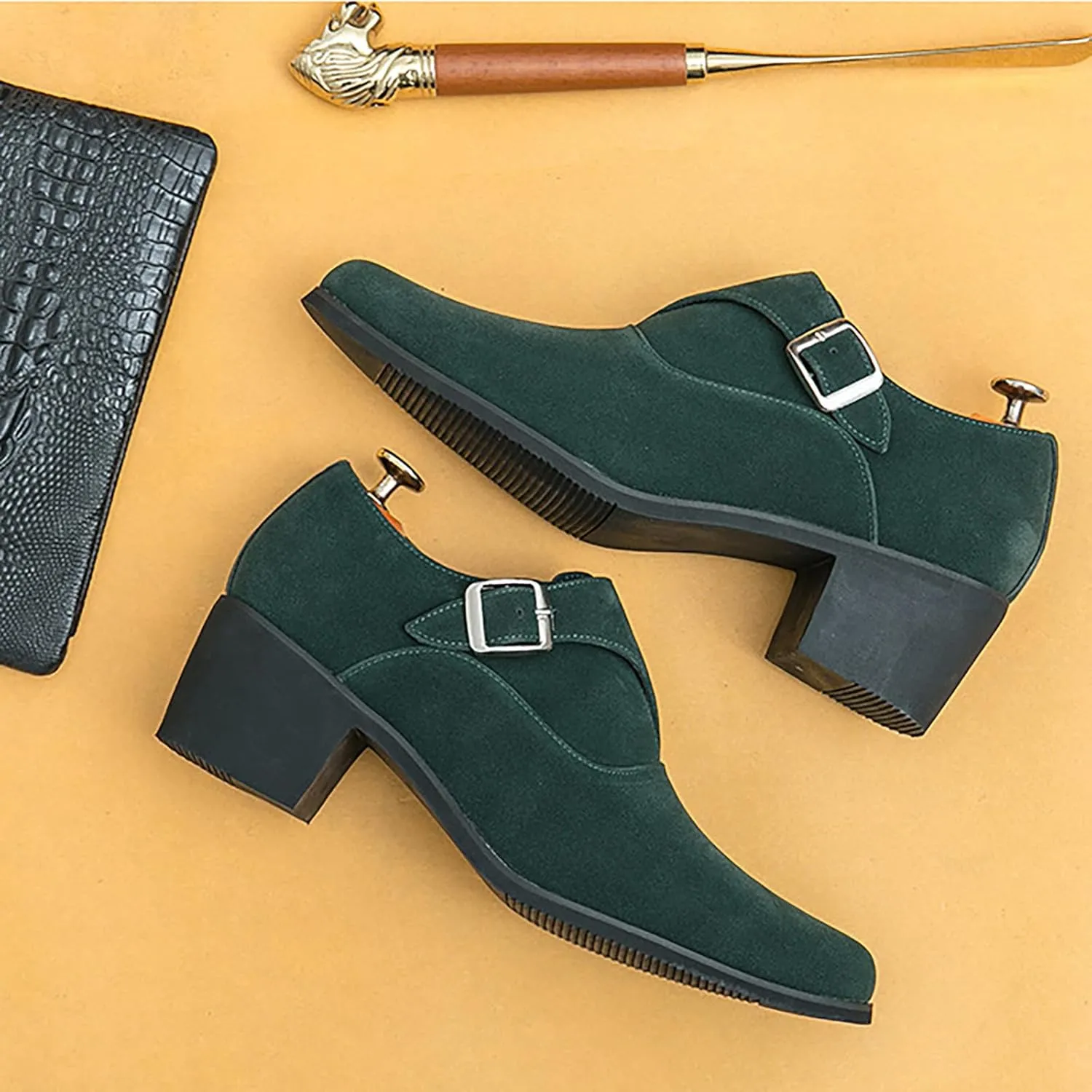 Men's Suede Pointed Toe Chunky Heel Monk Strap Loafers Fashion Classic Slip-On Casual Comfort Low Top Business Dress Chelsea Boot Shoes for Wedding Party Prom