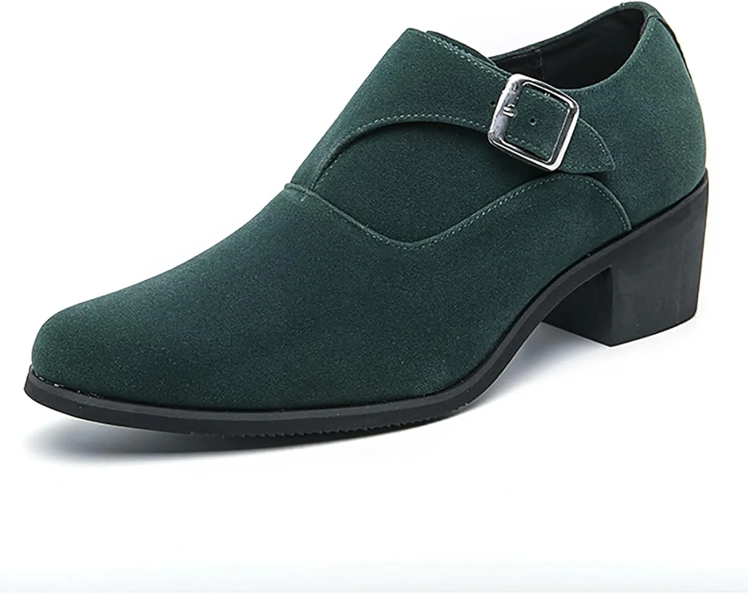 Men's Suede Pointed Toe Chunky Heel Monk Strap Loafers Fashion Classic Slip-On Casual Comfort Low Top Business Dress Chelsea Boot Shoes for Wedding Party Prom