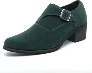 Men's Suede Pointed Toe Chunky Heel Monk Strap Loafers Fashion Classic Slip-On Casual Comfort Low Top Business Dress Chelsea Boot Shoes for Wedding Party Prom