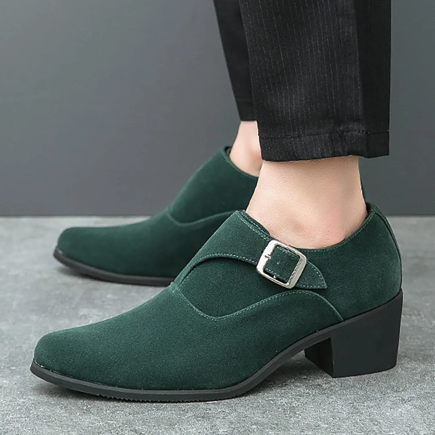 Men's Suede Pointed Toe Chunky Heel Monk Strap Loafers Fashion Classic Slip-On Casual Comfort Low Top Business Dress Chelsea Boot Shoes for Wedding Party Prom