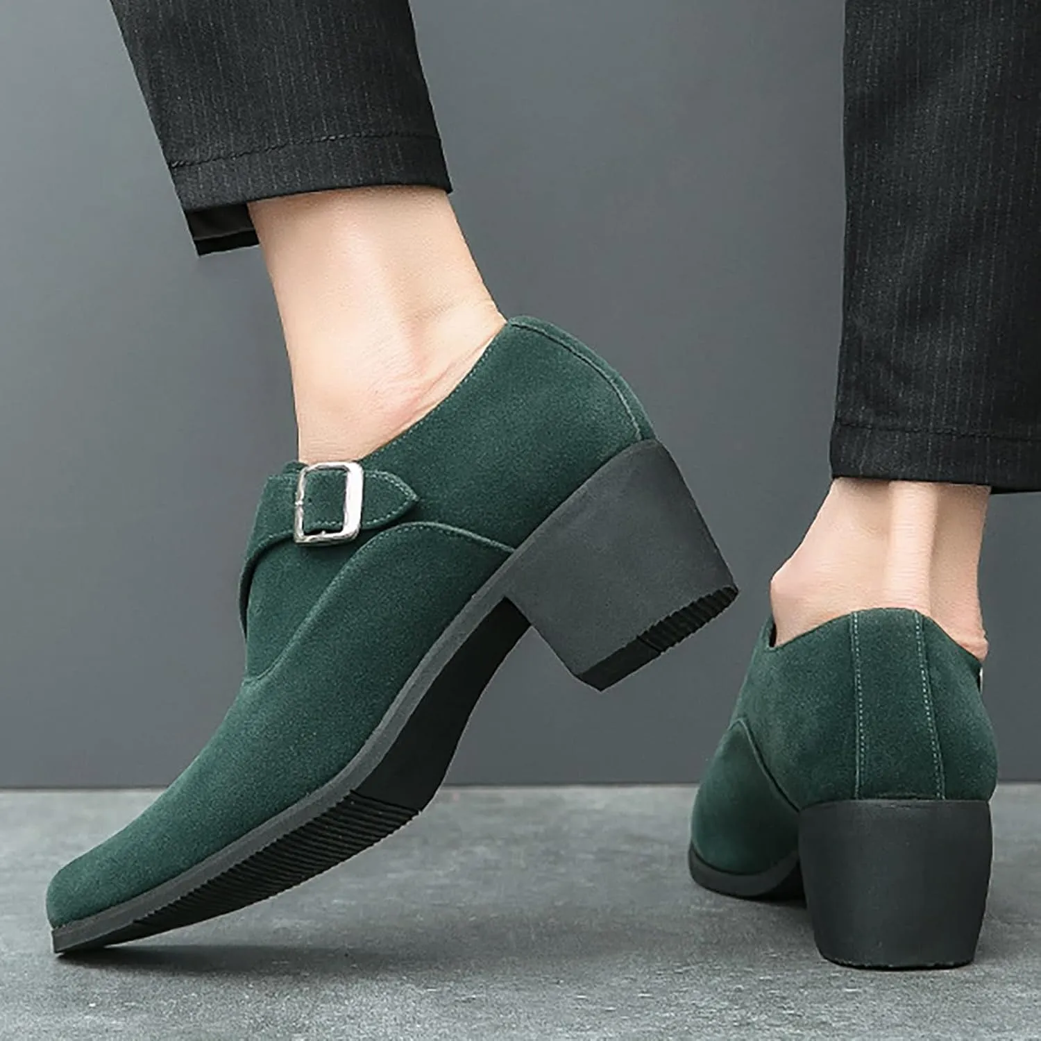 Men's Suede Pointed Toe Chunky Heel Monk Strap Loafers Fashion Classic Slip-On Casual Comfort Low Top Business Dress Chelsea Boot Shoes for Wedding Party Prom