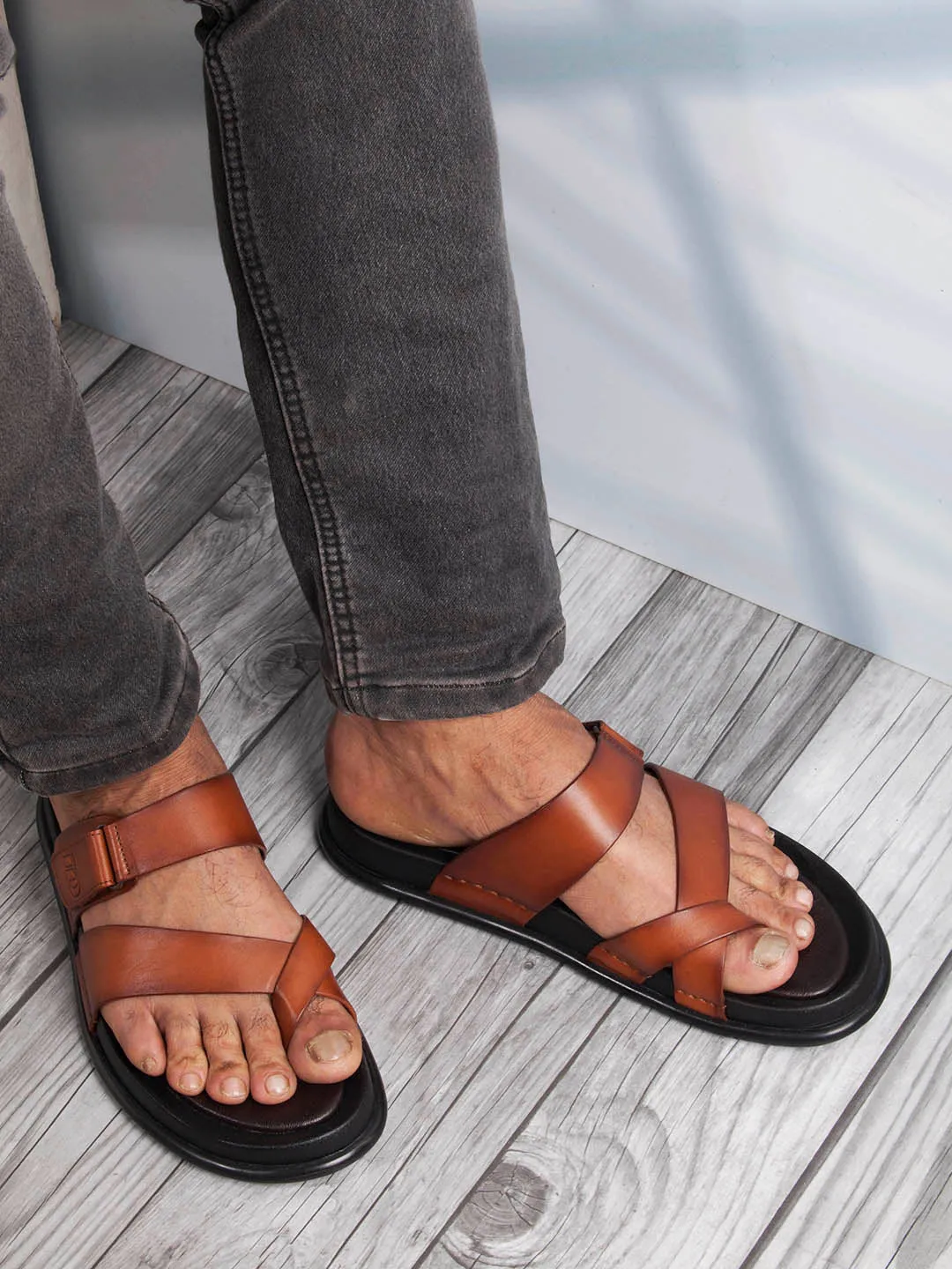 Men's Tan Cross Strap Sandals (ID4269)