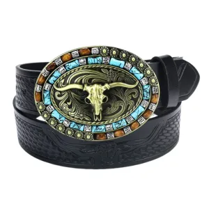 Men's Vintage Bull Head Western Cowboy Leather Belt 90039132M