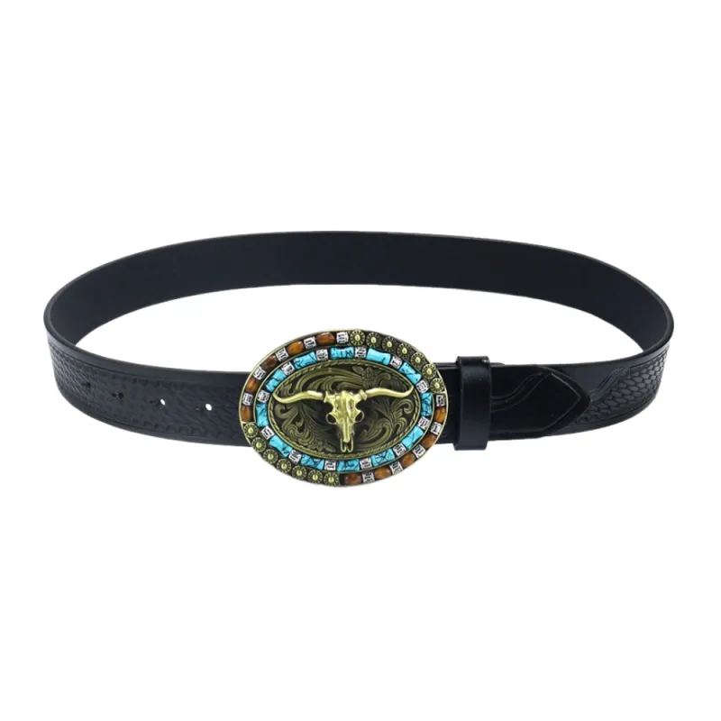 Men's Vintage Bull Head Western Cowboy Leather Belt 90039132M