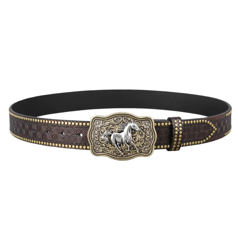 Men's Vintage Embossed Rivet Western Cowboy Leather Belt 73952903M