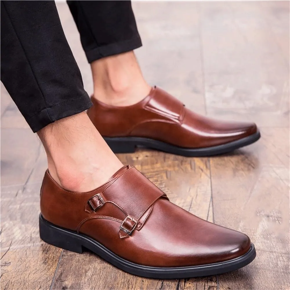 Mens Vintage Pointed Toe Loafers, Double Buckle Brogue Slip-On Formal Business Casual Shoes, Office & Wedding Dress Shoes