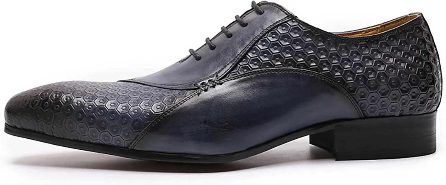 Mens Wedding Formal Lace-Up Oxfords Cowhide Wingtip Derbys Business Casual Dress Shoes Pointed Toe Brogues,Blue-42