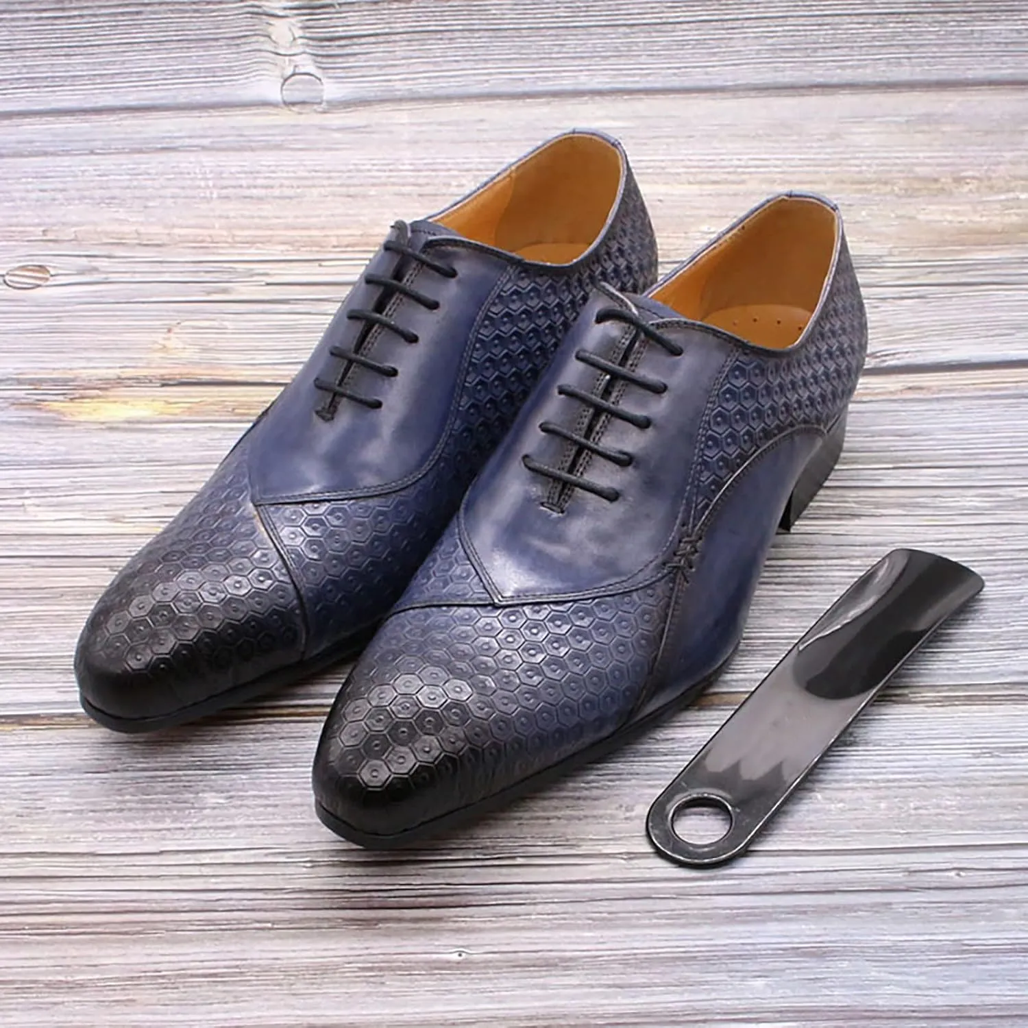 Mens Wedding Formal Lace-Up Oxfords Cowhide Wingtip Derbys Business Casual Dress Shoes Pointed Toe Brogues,Blue-42