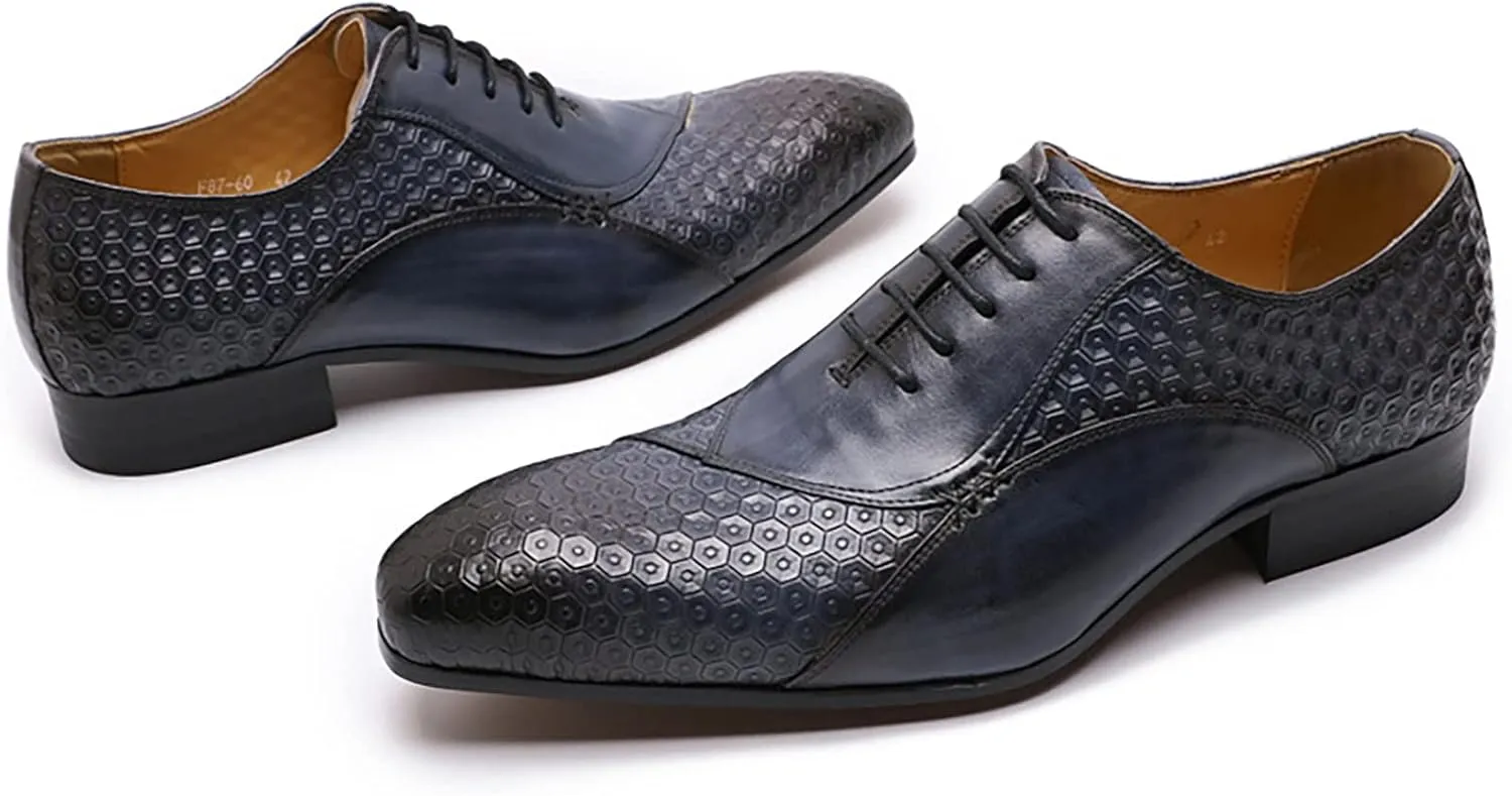 Mens Wedding Formal Lace-Up Oxfords Cowhide Wingtip Derbys Business Casual Dress Shoes Pointed Toe Brogues,Blue-42