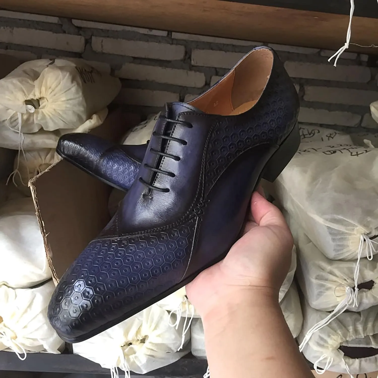 Mens Wedding Formal Lace-Up Oxfords Cowhide Wingtip Derbys Business Casual Dress Shoes Pointed Toe Brogues,Blue-42