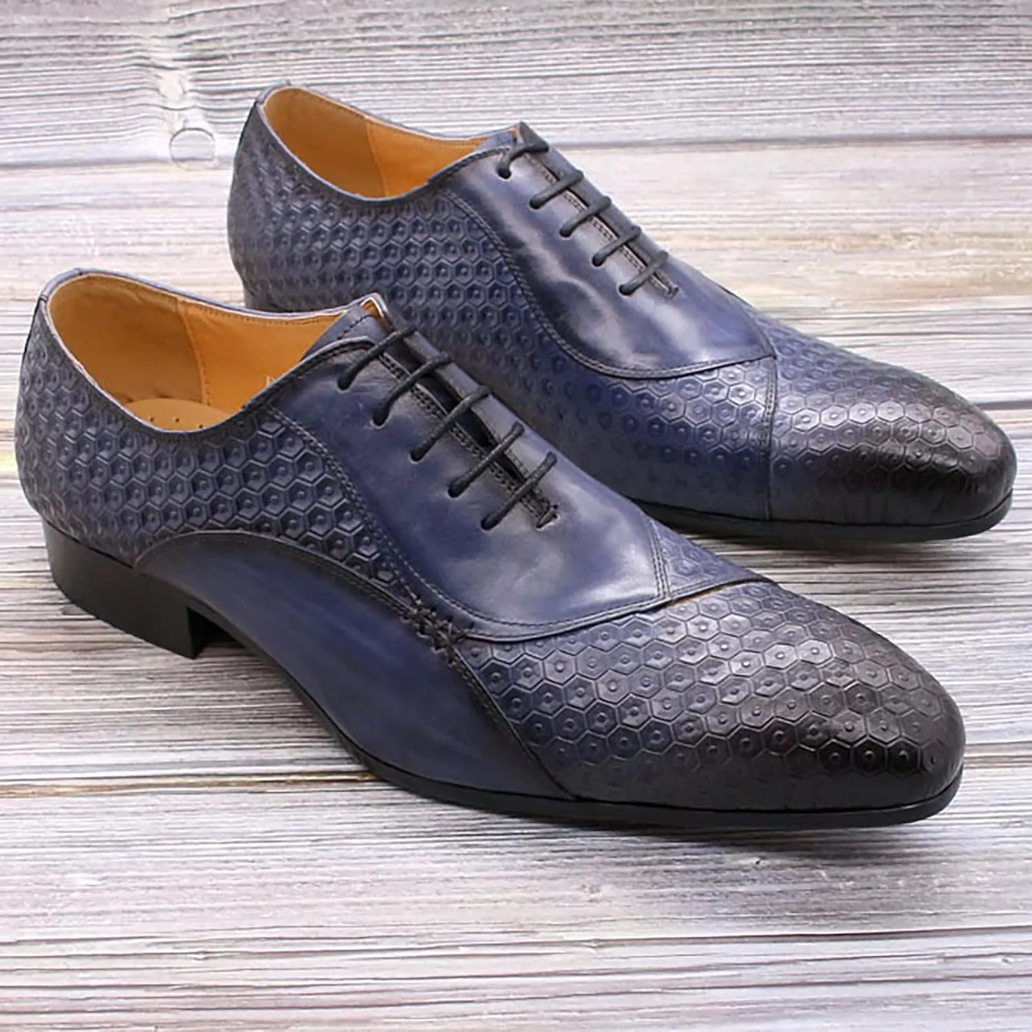 Mens Wedding Formal Lace-Up Oxfords Cowhide Wingtip Derbys Business Casual Dress Shoes Pointed Toe Brogues,Blue-42