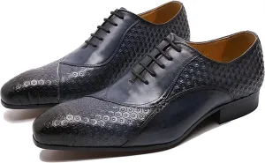 Mens Wedding Formal Lace-Up Oxfords Cowhide Wingtip Derbys Business Casual Dress Shoes Pointed Toe Brogues,Blue-42
