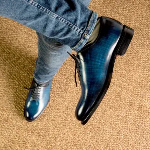 Men's Wholecut Shoes Patina Leather Goodyear Welt Wide Plus Size Blue 5311