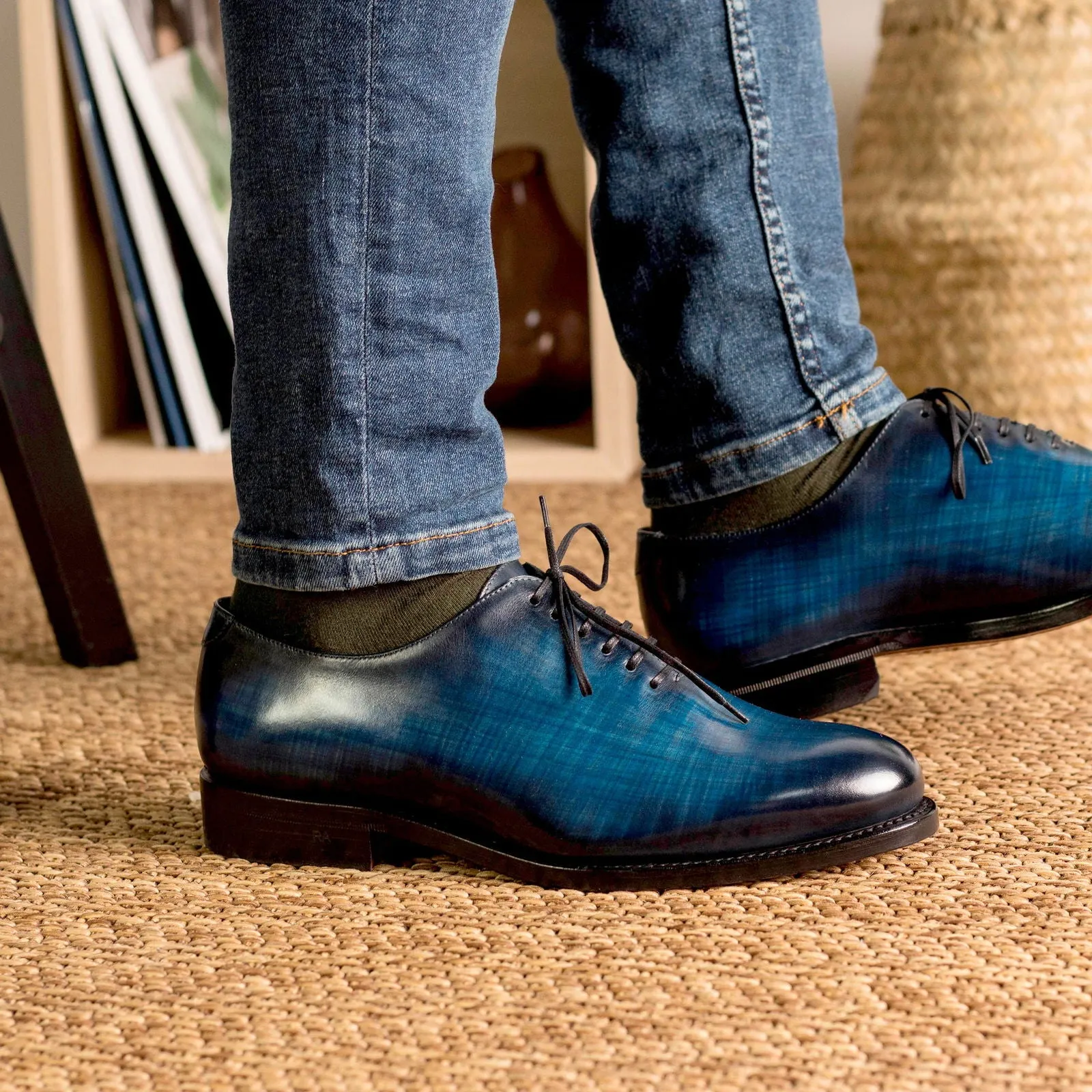 Men's Wholecut Shoes Patina Leather Goodyear Welt Wide Plus Size Blue 5311