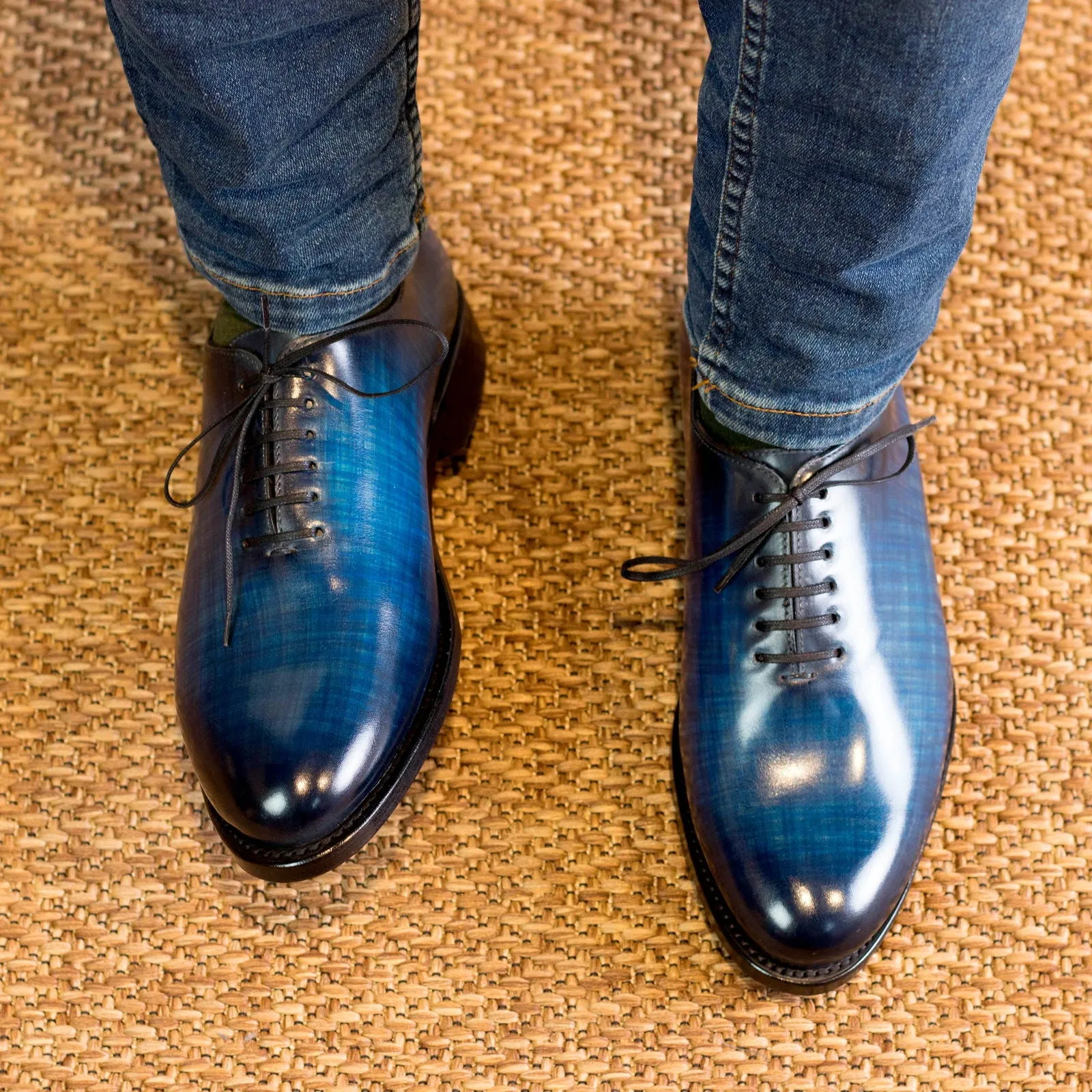 Men's Wholecut Shoes Patina Leather Goodyear Welt Wide Plus Size Blue 5311