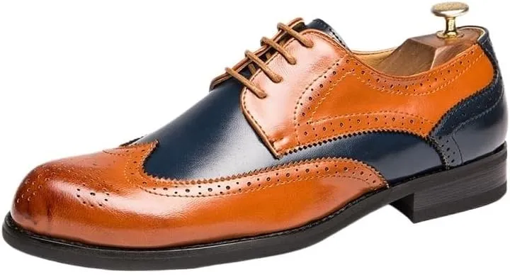Men's Wingtip Two Tone Patchwork Brogue Oxfords Shoes Fashion Classic Carved Lace Up Leather Low Heels Dress Shoes Business Casual Derby Shoe
