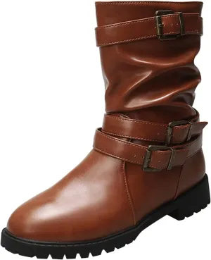 Mid Calf Dress Boots for Women Biker Boots Women Ruched Slouchy Leather Round Toe Chunky Low Heel Fall Fashion Boots Practical Boots Combat Riding Military Boots for Women with Buckle Strap