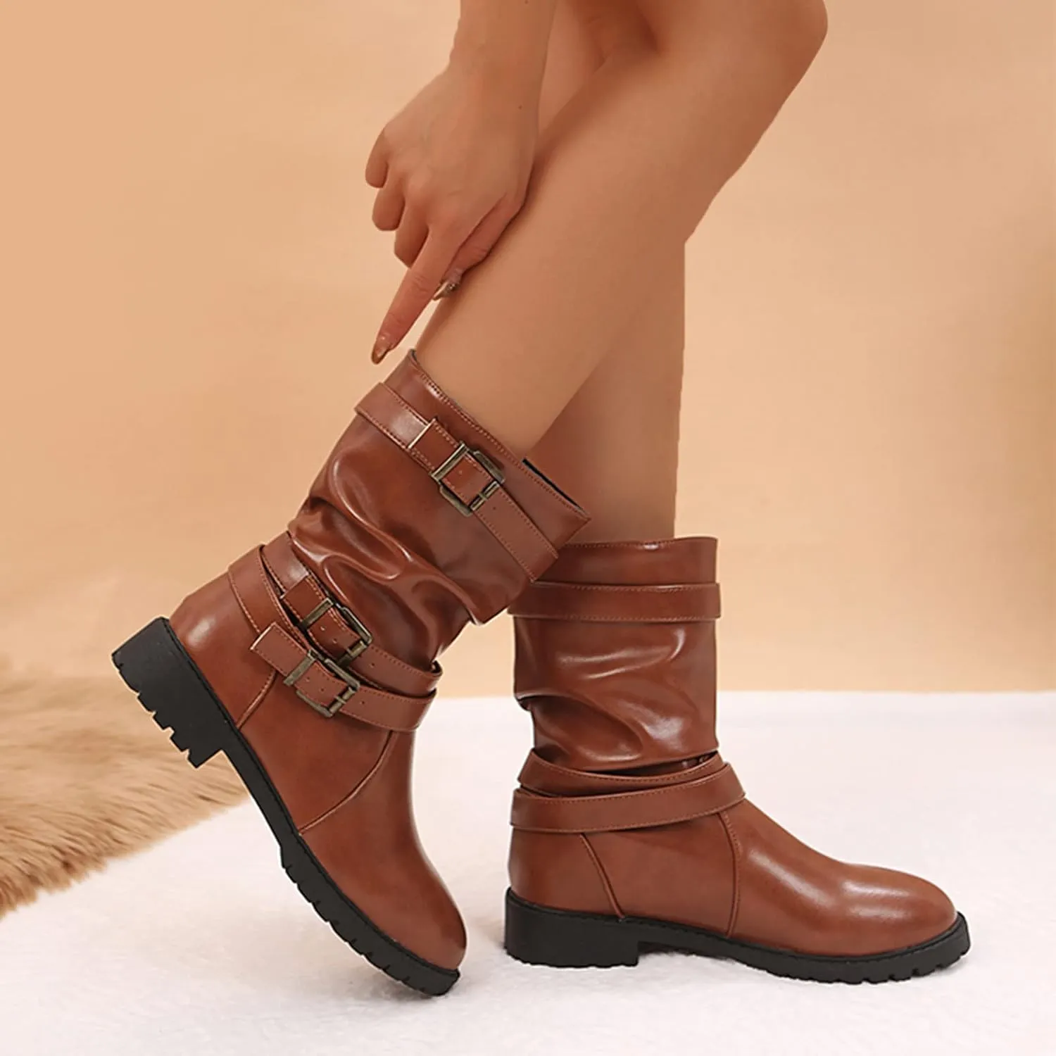 Mid Calf Dress Boots for Women Biker Boots Women Ruched Slouchy Leather Round Toe Chunky Low Heel Fall Fashion Boots Practical Boots Combat Riding Military Boots for Women with Buckle Strap