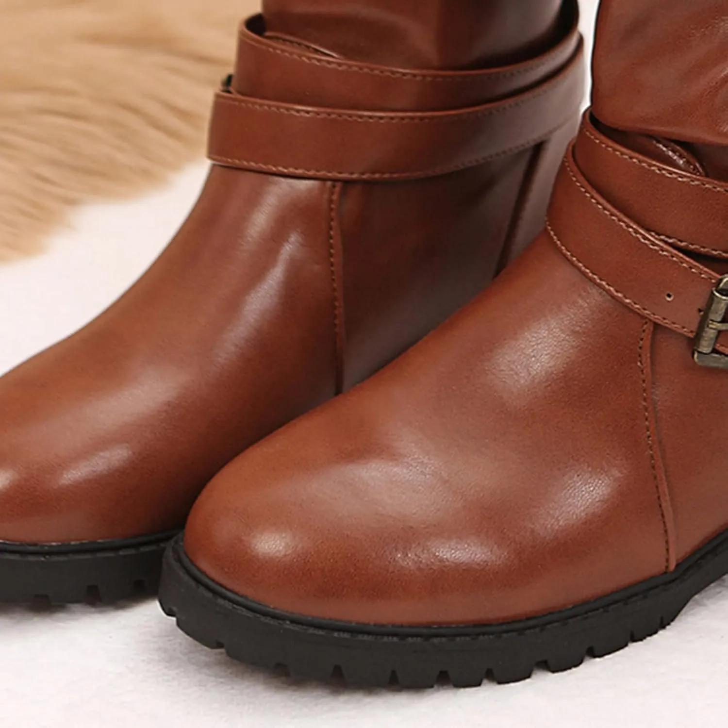 Mid Calf Dress Boots for Women Biker Boots Women Ruched Slouchy Leather Round Toe Chunky Low Heel Fall Fashion Boots Practical Boots Combat Riding Military Boots for Women with Buckle Strap