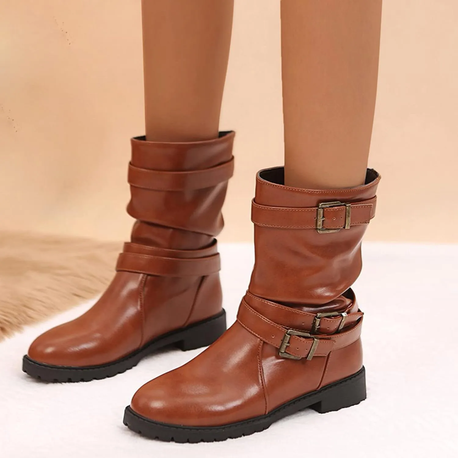 Mid Calf Dress Boots for Women Biker Boots Women Ruched Slouchy Leather Round Toe Chunky Low Heel Fall Fashion Boots Practical Boots Combat Riding Military Boots for Women with Buckle Strap