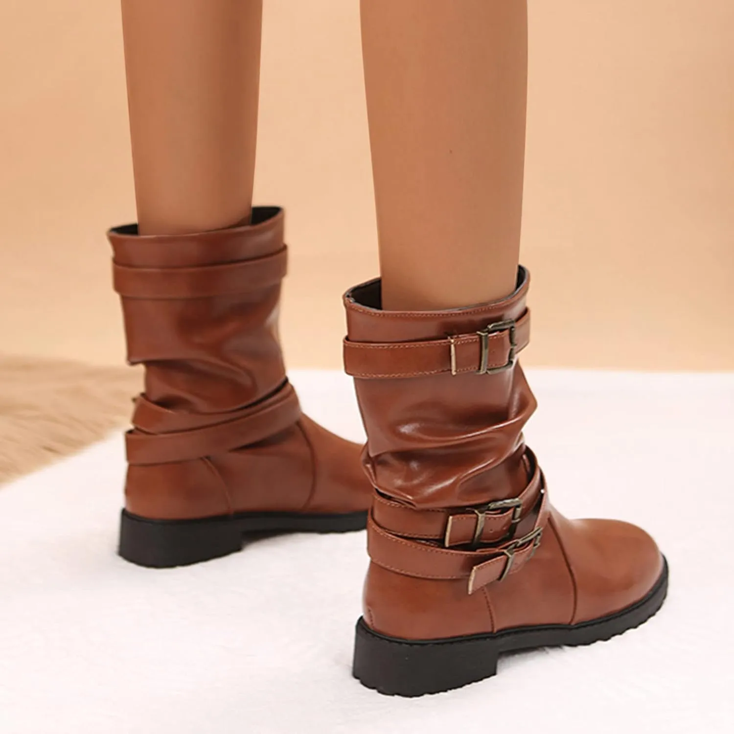 Mid Calf Dress Boots for Women Biker Boots Women Ruched Slouchy Leather Round Toe Chunky Low Heel Fall Fashion Boots Practical Boots Combat Riding Military Boots for Women with Buckle Strap
