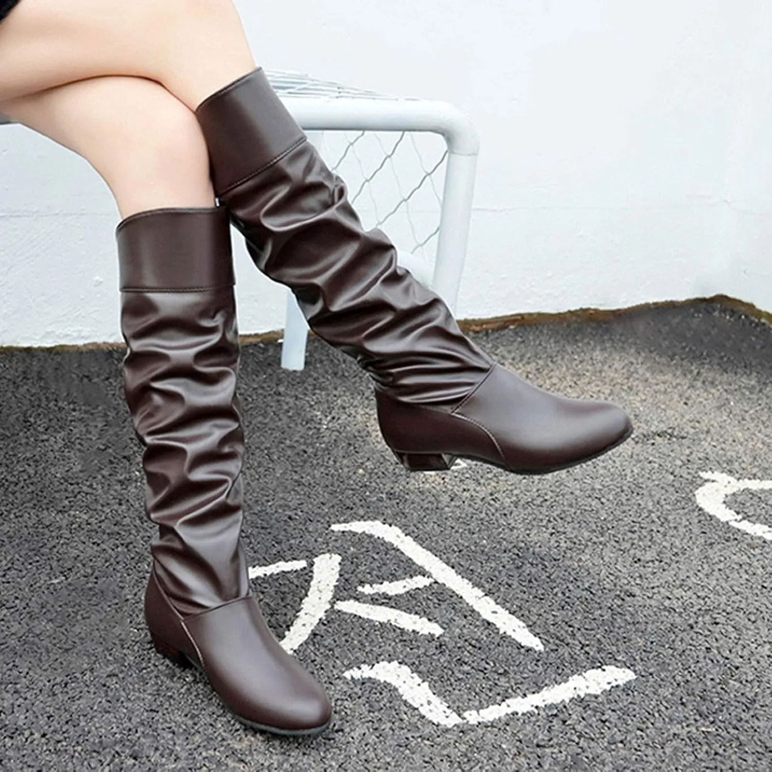 Middle Tube Boots for Women Fashion Pointed Toe Leather Boot Fall Winter Warm Knee High Booties Slip On Bootie
