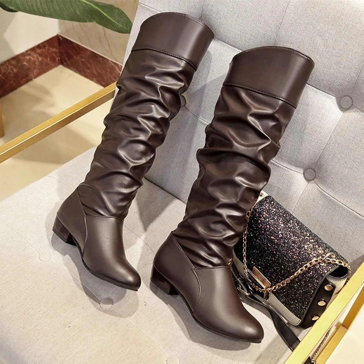 Middle Tube Boots for Women Fashion Pointed Toe Leather Boot Fall Winter Warm Knee High Booties Slip On Bootie
