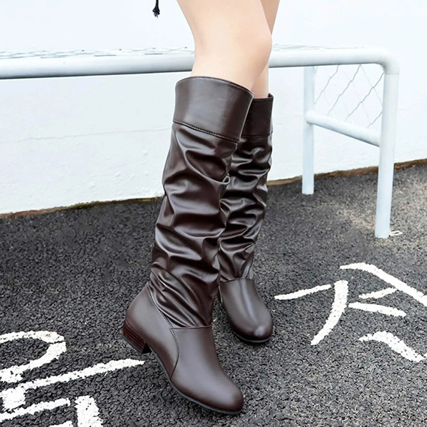 Middle Tube Boots for Women Fashion Pointed Toe Leather Boot Fall Winter Warm Knee High Booties Slip On Bootie