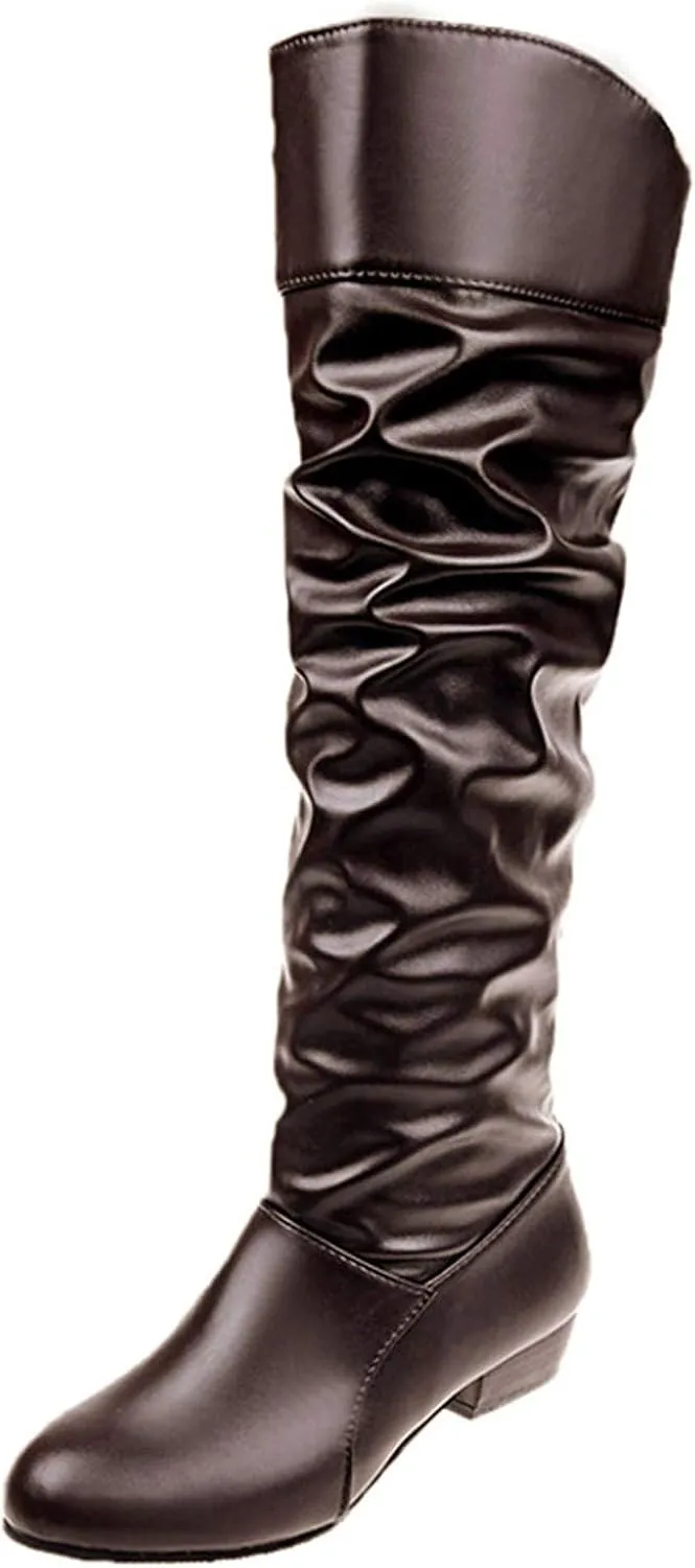 Middle Tube Boots for Women Fashion Pointed Toe Leather Boot Fall Winter Warm Knee High Booties Slip On Bootie
