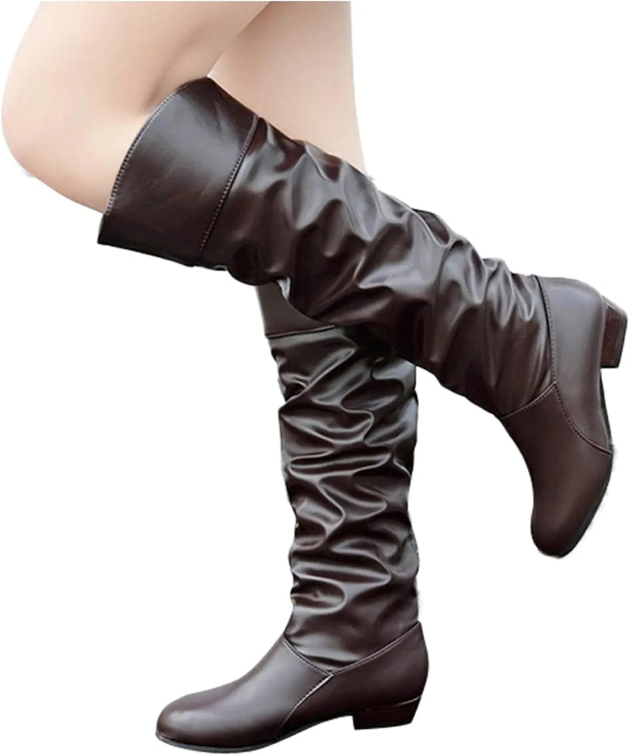 Middle Tube Boots for Women Fashion Pointed Toe Leather Boot Fall Winter Warm Knee High Booties Slip On Bootie